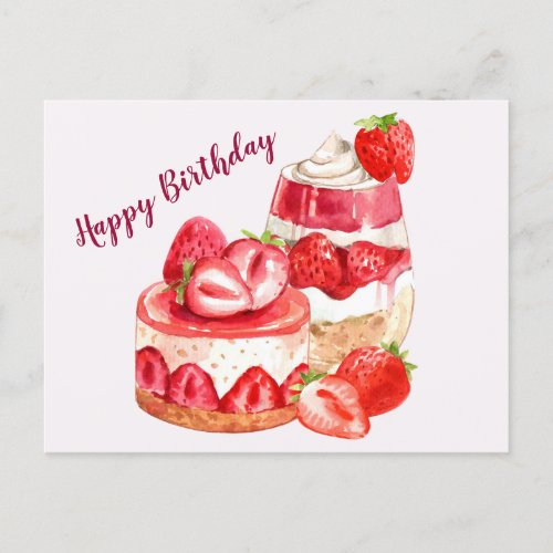 Happy Birthday Strawberry Cake and Ice Cream  Postcard