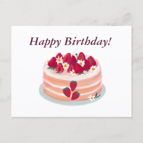 Happy Birthday Strawberry Fruit Cake and Flowers Postcard