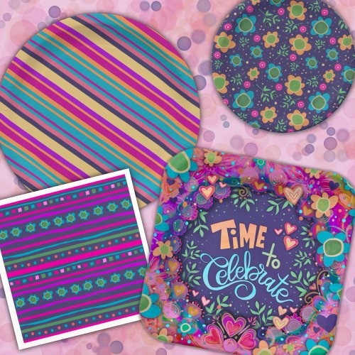 Happy Birthday Stripe Fun Colorful Floral Paper Plates