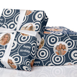 Happy Birthday Stylish Photo Collage Retro Blue Wrapping Paper