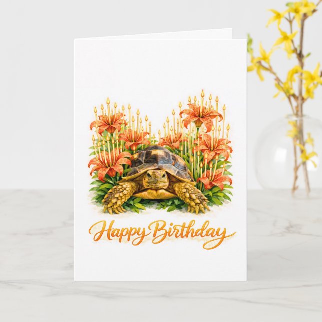 Happy Birthday Sulcata turtle with Orange Lilies Card (Yellow Flower)