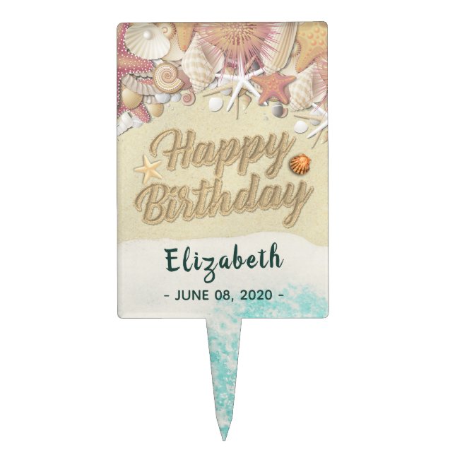 Happy Birthday Summer Beach Starfish Sea shells Cake Topper (Front)