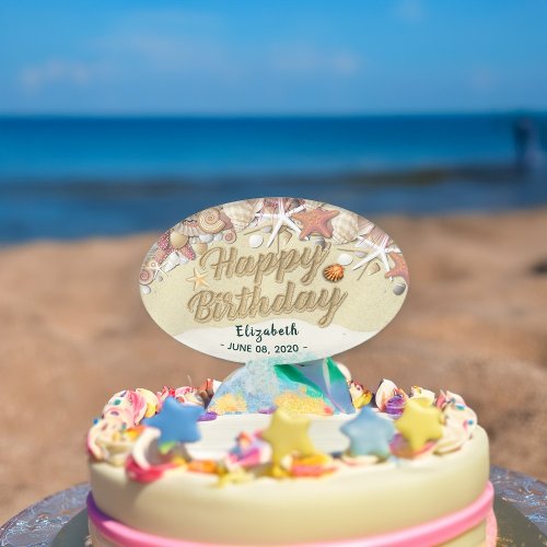 Happy Birthday Summer Beach Starfish Sea shells Cake Topper