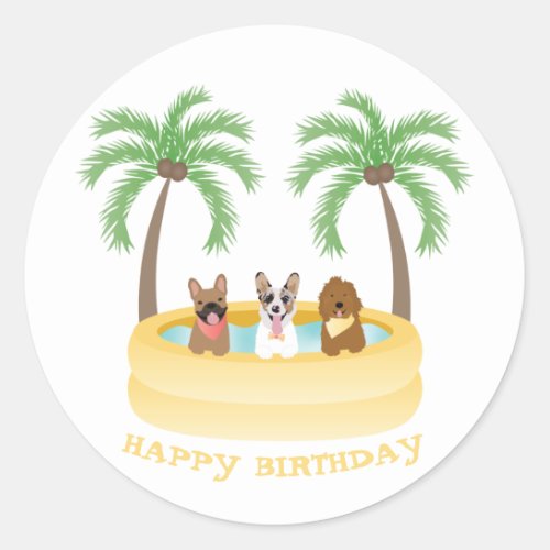 Happy Birthday Summer Dogs Swimming Pool Classic Round Sticker