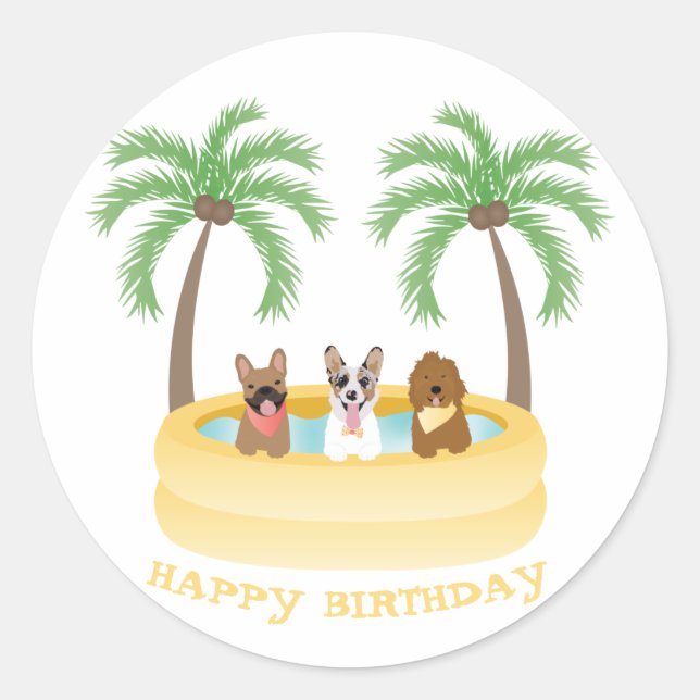 Happy Birthday Summer Dogs Swimming Pool Classic Round Sticker (Front)