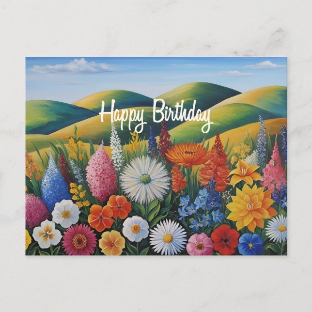 Happy Birthday Summer Flowers on the Hills  Postcard (Front)
