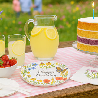 Happy Birthday Summer Flowers Paper Plate