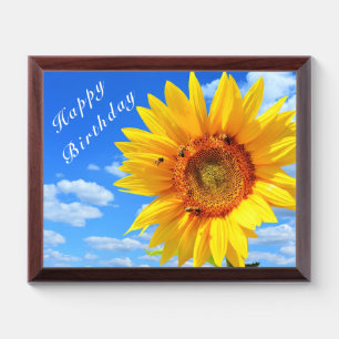 Happy Birthday - Sunflower and Bees on Blue Sky Award Plaque