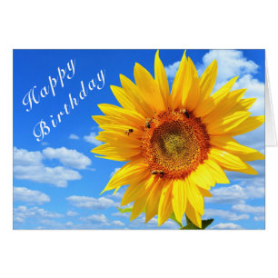 Happy Birthday - Sunflower and Bees on Blue Sky Cards