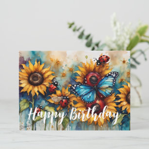 Happy Birthday Sunflower, Butterfly and Ladybugs Holiday Card