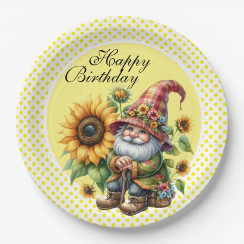 Happy Birthday Sunflower Gnome Paper Plates