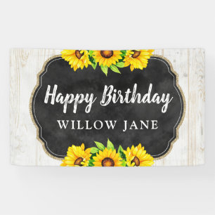 Happy Birthday Sunflower & Rustic Wood Party Decor Banner