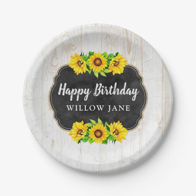 Happy Birthday Sunflower & Rustic Wood Party Decor Paper Plates (Front)