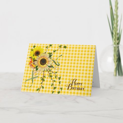 Happy Birthday sunflowers on gingham Card