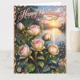 Happy Birthday Sunset Lake with Roses Card