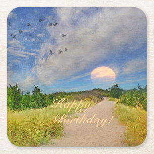 Happy Birthday Sunset Path To Beach Paper Plate Square Paper Coaster