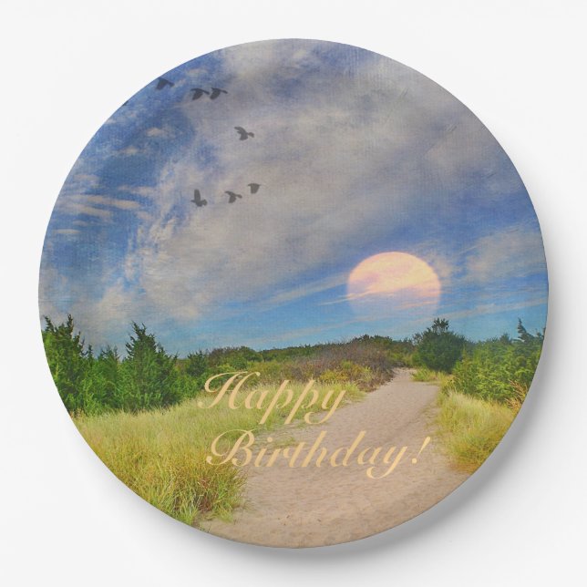 Happy Birthday Sunset Path To Beach Paper Plates (Front)