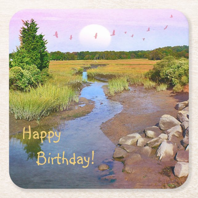 Happy Birthday Sunset Seashore Square Paper Coaster (Front)