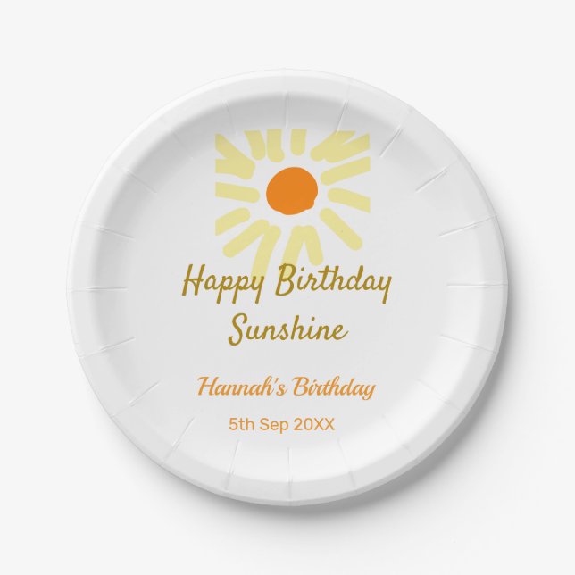 Happy birthday sunshine yellow orange birthday boh paper plates (Front)