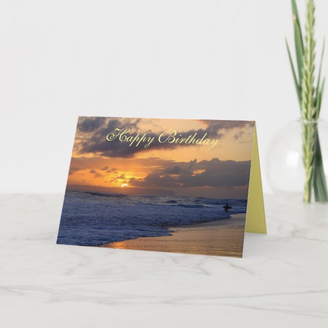 Happy Birthday, Surfer Kauai Beach Sunset Card (Front)