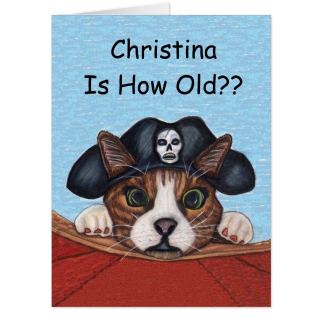 Happy Birthday Surprised Pirate Cat Big Eyes Blue Card (Front)