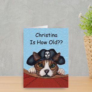 Happy Birthday Surprised Pirate Cat Big Eyes Blue Card