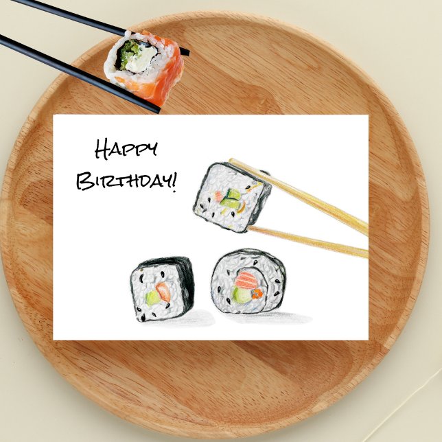 Happy Birthday Sushi Rolls Illustration Card (Celebrate with a splash of color! Our Sushi Colored Pencil Drawing Birthday Card.)