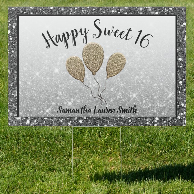 Happy Birthday Sweet 16 Glitter Black Gold Sign (Insitu)