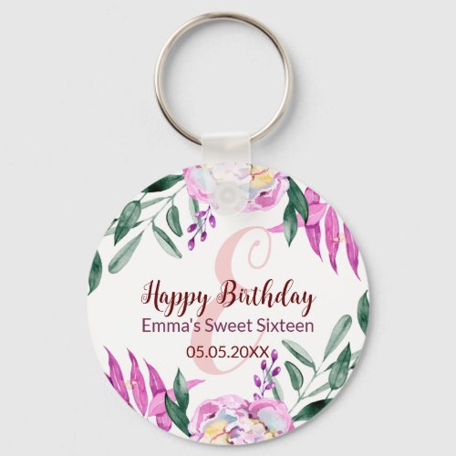 Happy Birthday Sweet 16 Party favor pink floral Keychain