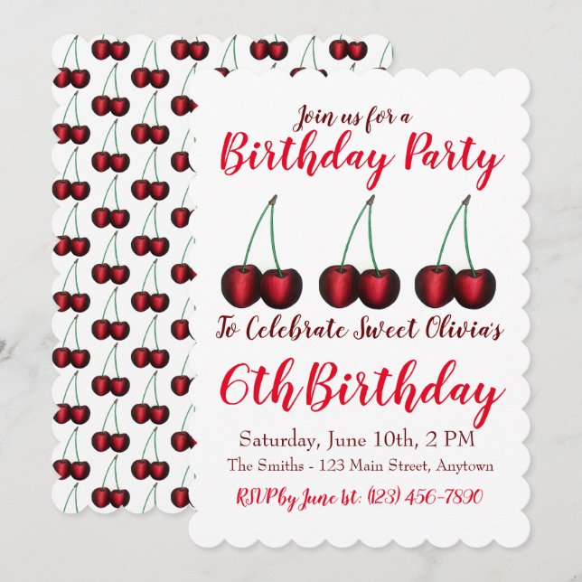 Happy Birthday Sweet Cherry Cherries Fruit Print Invitation (Front/Back)