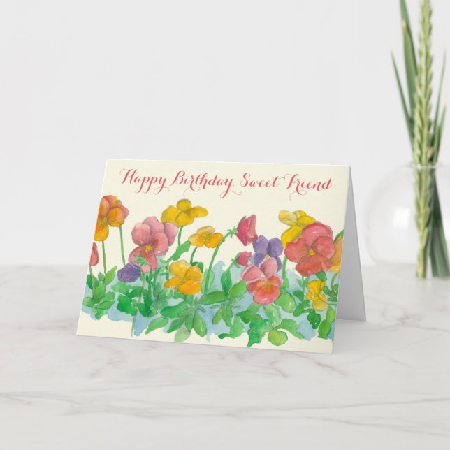 Happy Birthday Sweet Friend Pansy Flowers Card (Front)