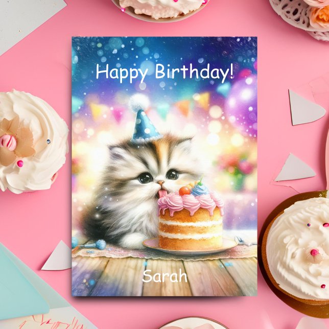 Happy Birthday Sweet Kitty With Cake Personalize Card (Purrfect celebration: Sweet kitty, cake, joy. Personalize for unforgettable birthday wishes!)