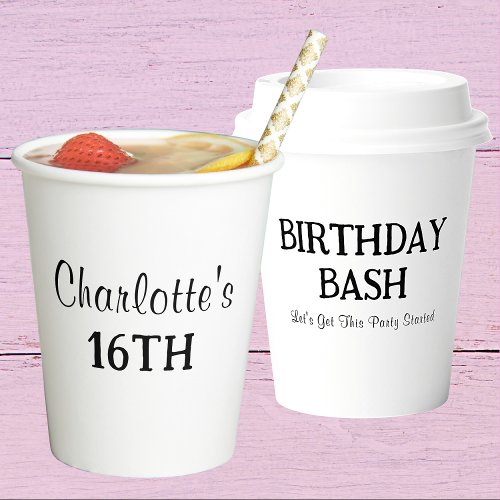 Happy Birthday  Sweet Sixteen Name Black  White Paper Cups