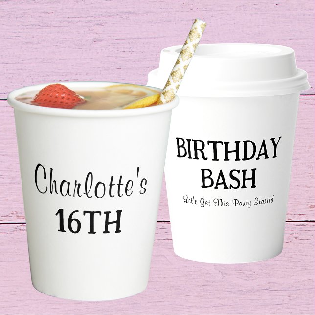 Happy Birthday | Sweet Sixteen Name Black & White Paper Cups (Front And Back)