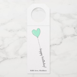 Happy Birthday - Sweet Teal Heart Shaped Balloon Bottle Hanger Tag