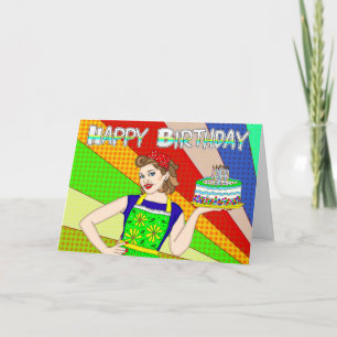 Happy Birthday Sweetheart Retro Lady Holding Cake Card