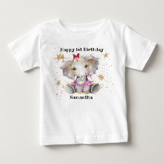 Happy Birthday T-Shirt, 1st Birthday Baby Elephant Baby T-Shirt (Front)