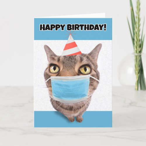 Happy Birthday Tabby Cat in Coronavirus Face Mask Holiday Card