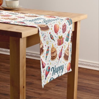 Happy Birthday Table Runner with Balloons and Cake