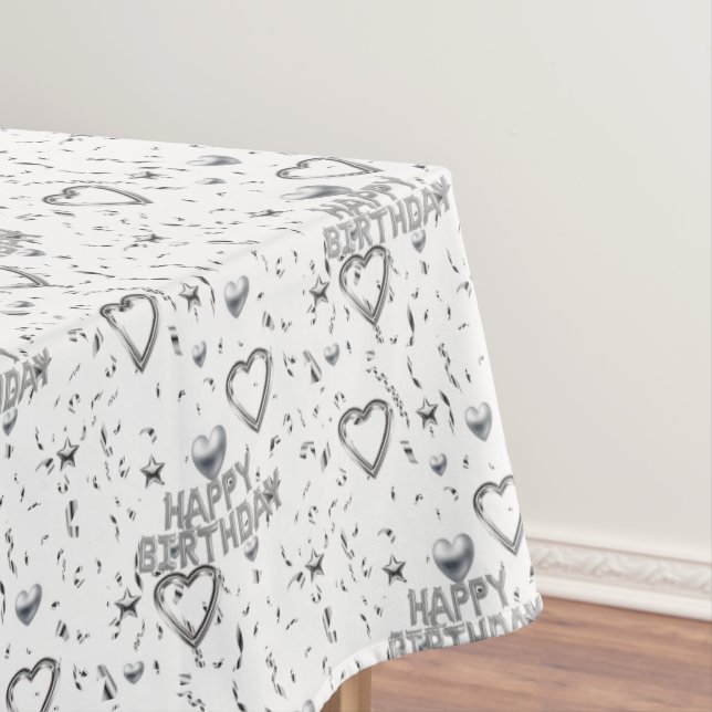 Happy Birthday Tablecloth Silver Hearts (In Situ)
