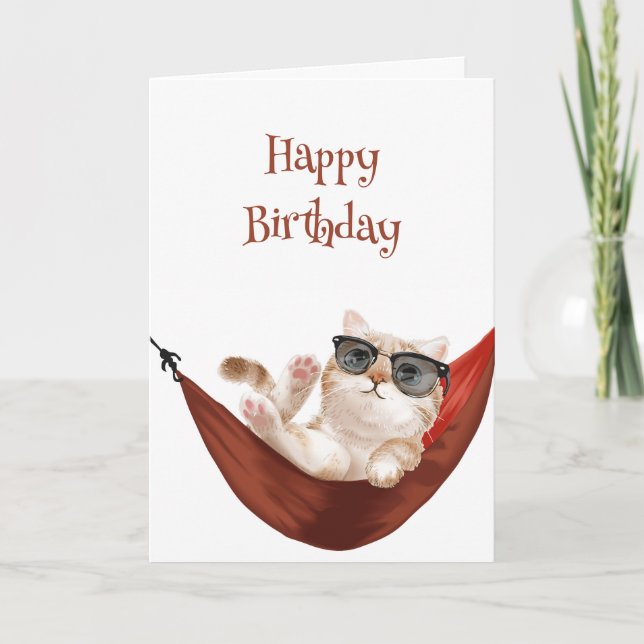  Happy Birthday Take it Easy Cat in Hammock Humor Card (Front)