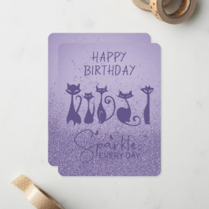 Happy Birthday Tall Cat Purple Sparkles Note Card