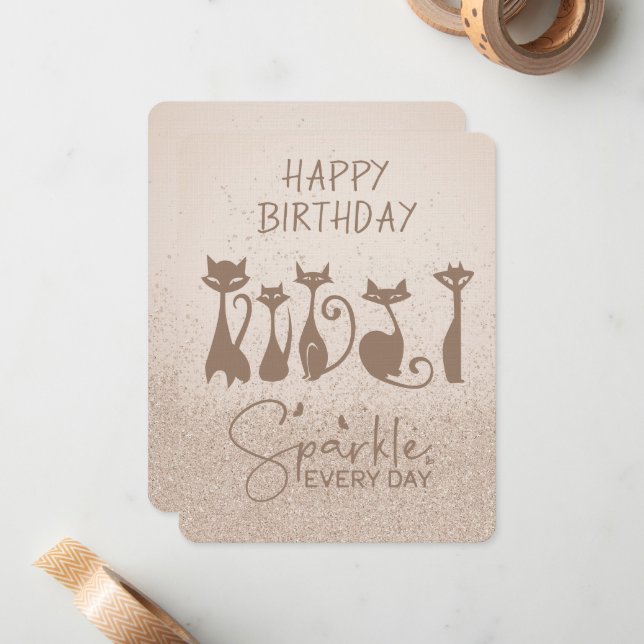 Happy Birthday Tall Neck Cat Champagne Sparkles Note Card (Front/Back In Situ)
