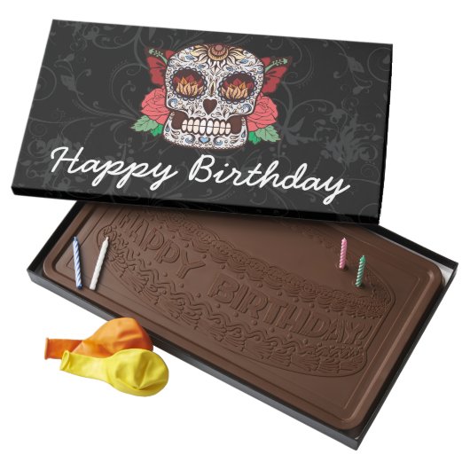 Happy Birthday Tattoo Sugar Skull Pink Roses Milk Chocolate Bar (Opened)