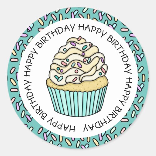 Happy Birthday Teal and Vanilla Cupcake   Classic Round Sticker