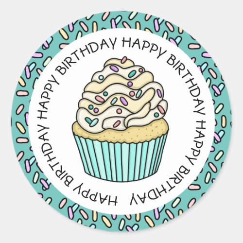 Happy Birthday Teal and Vanilla Cupcake  Classic Round Sticker