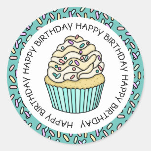 Happy Birthday Teal and Vanilla Cupcake Classic Round Sticker