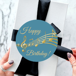 Happy Birthday  teal blue green gold music notes Classic Round Sticker