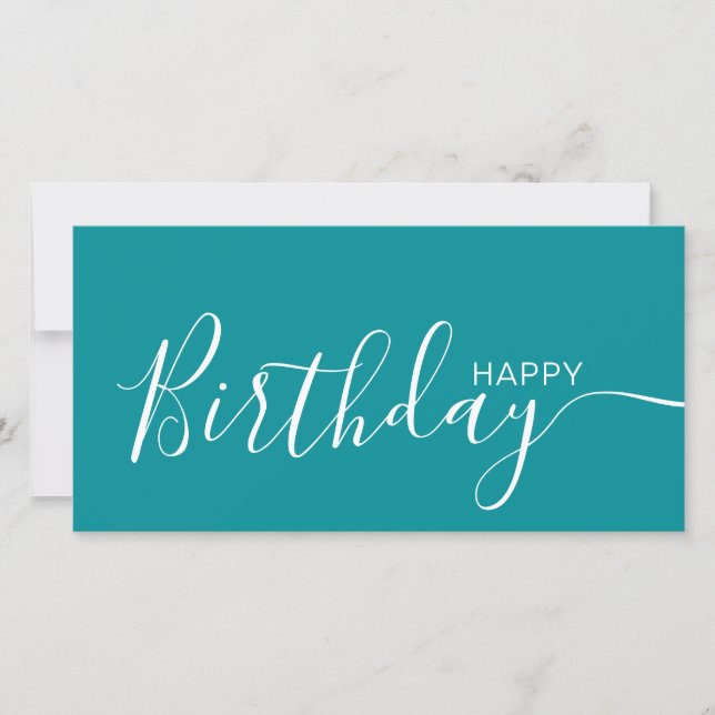Happy Birthday Teal White Modern Flat Card (Front)