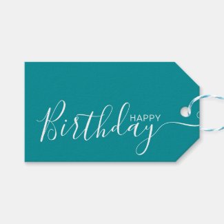 Happy Birthday Teal White Modern Gift Tags
